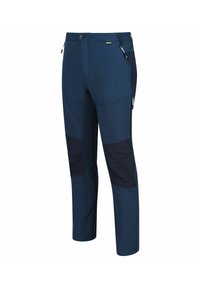Pantalon d'extérieur pour hommes de couleur bleu marine, avec des renforts aux genoux, des poches latérales zippées et une fermeture par bouton à la taille.