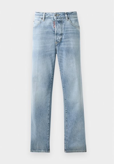 Light blue denim jeans with a straight leg cut, five-pocket design, and visible stitching. Features a button closure at the waist.