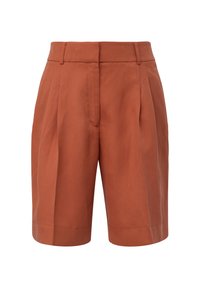 Roestkleurige linnen shorts met een getailleerde pasvorm, voorzien van voorplooien en zijzakken. Glad textuur, knielange ontwerp.