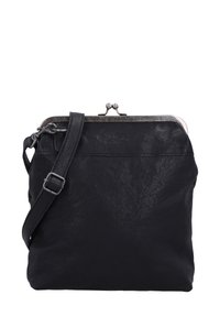 Black leather crossbody bag with a textured finish, metal clasp closure, and adjustable strap. Features a minimalist design without adornments.