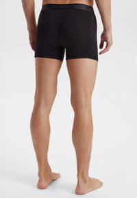 Sorte bomulds boxershorts med en tætsiddende pasform og en elastisk talje, hvor brandnavnet er i grå. Set fra bagenden.