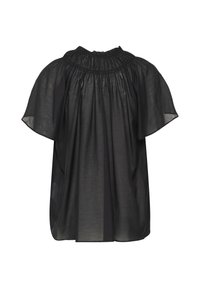 Blouse noire fluide en tissu transparent avec un col rond froncé et des manches courtes volantées.