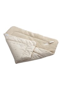Quilted baby blanket in beige, featuring a textured top and patterned underside with small moons and stars. Secured with a fabric tie.