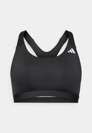 Zwarte sportbeha met een gladde textuur, voorzien van een ronde halslijn en een racerback-ontwerp. Witte logo-accent aan de bovenkant rechts.