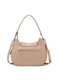 Borsa a mano in pelle rosa a ciottoli con una forma curvata, una tracolla corta e una tasca con zip sul davanti. Accenti in metallo color oro arricchiscono il design.