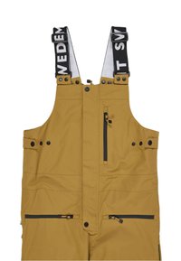 Gule bib-overaller lavet af vandtæt materiale med justerbare sorte stropper og "SWEDEN"-tekst, lynlåslommer og trykknapper.