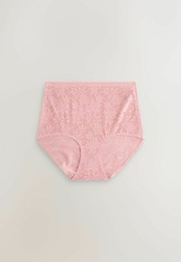 Švelni rožinė nėriniuota hipster tipo apatinė trikotažas, papuoštas gėlių raštais ir sklandžia tekstūra, su aukštesne juosmens linija ir pilnu dengimu.