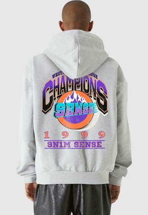 Hanorac gri cu glugă, featuring un imprimeu grafic multicolor: "CHAMPIONS" cu munți și "1999" în partea de jos, cu manșete și tiv ribbed.