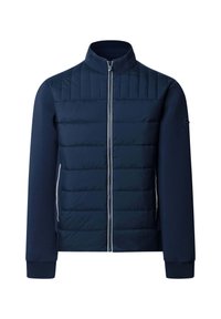 Donkerblauwe gewatteerde jas met volledige ritssluiting aan de voorkant, opstaande kraag, geribbelde manchetten en mouwen van gladde stof, weergegeven op een witte achtergrond.