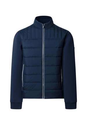 Chaqueta acolchada azul marino con cremallera completa al frente, cuello alto, puños acanalados y mangas de tela lisa, exhibida sobre fondo blanco.