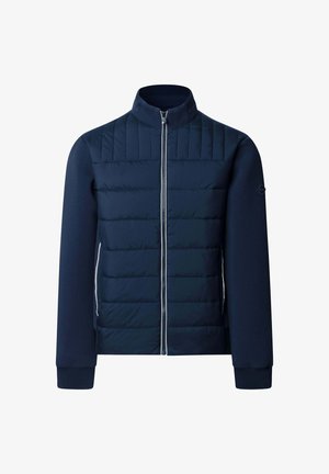 Giacca trapuntata blu navy con cerniera frontale completa, collo alto, polsini a coste e maniche in tessuto liscio, mostrata su sfondo bianco.