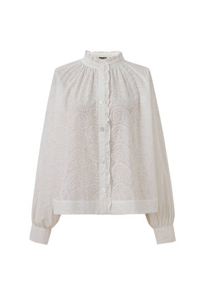 Weiße Bluse mit Paisley-Stickerei, hohem Kragen, Knopfverschluss und gerafften Ärmeln. Hergestellt aus leichtem Stoff mit strukturierter Oberfläche.