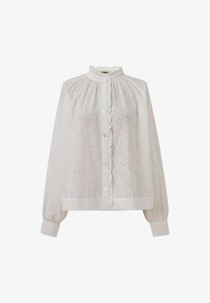 Witte blouse met paisley borduring, hoge hals, knoopsluiting en gathered mouwen. Gemaakt van lichtgewicht stof met een textuurafwerking.