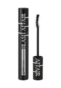 Tubo di mascara nero e scovolino con pennello curvo, etichettato "LASH AFFAIR" e "bellaoggi ITALIA" in testo argentato su uno sfondo bianco.