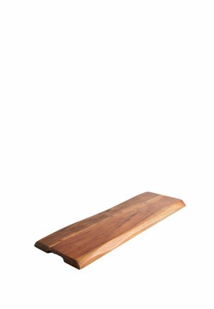 Rectangular wooden cutting board with a smooth surface and a small groove on one side for grip or hanging.