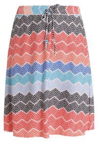 Falda colorida con patrones en zigzag en rojo, azul, negro y blanco. Está hecha de una tela ligera con una cintura ajustable mediante cordón para un ajuste cómodo.