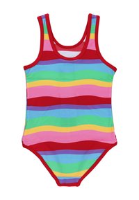 Yhden palan uimapuku monivärisissä raitakuoseissa: punainen, vaaleanpunainen, keltainen, vihreä ja sininen. Ominaisuuksiin kuuluu pyöreä pääntie ja hihaton malli, jossa on joustava reunus.