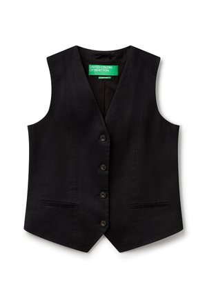 Schwarze Leinenweste mit V-Ausschnitt, fünf Knöpfen und zwei Fronttaschen. Etikett mit der Aufschrift "United Colors of Benetton" in grün. Glatte Textur.