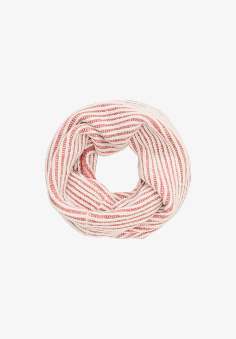 Écharpe en boucle tricotée avec des rayures alternées crème et corail, offrant une texture douce et une forme circulaire continue.