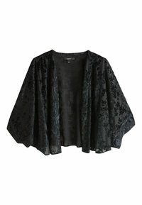Black sheer kimono with floral pattern, lightweight fabric, open front, wide sleeves, and a flowing design. Tag visible inside.