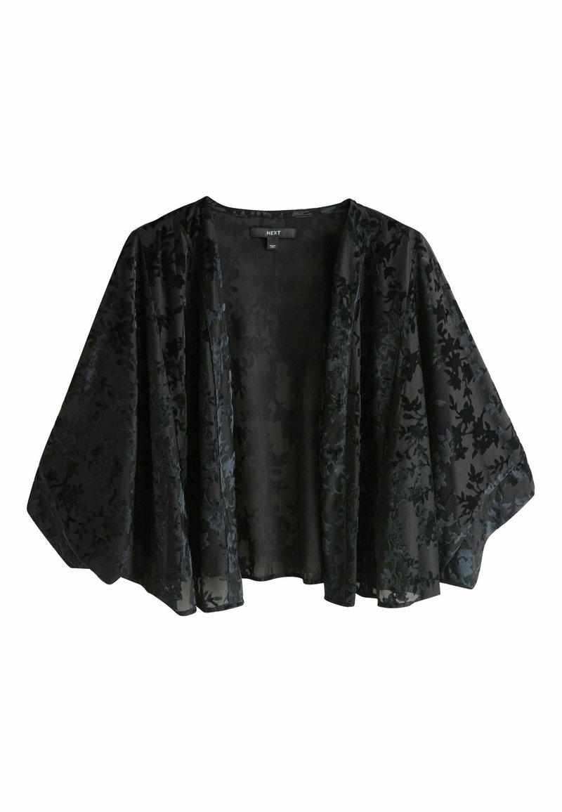 Black sheer kimono with floral pattern, lightweight fabric, open front, wide sleeves, and a flowing design. Tag visible inside.