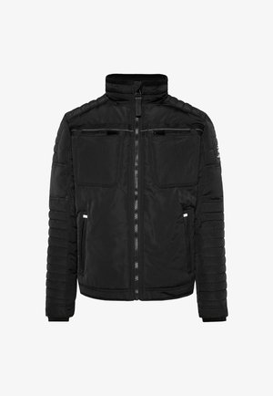 Black quilted jacket with a high collar, zip closure, two chest pockets, and ribbed cuffs; features textured sleeve accents.