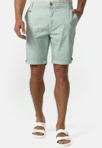 Mand iført lyse mintgrønne shorts med opkørt kant og hvide sandaler med dobbeltspænde, stående med den ene hånd i lommen mod en ensfarvet baggrund.