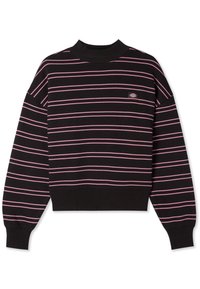 Sudadera negra recortada con rayas horizontales rosas, cuello acanalado y un pequeño parche con logo en el lado izquierdo del pecho. Textura suave.