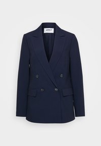 Námorně modrý dvojřadový blazer s klopami, dvěma předními kapsami a černými knoflíky na přední straně. Vyrobeno z texturované látky.