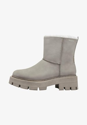 Gray ankle boots made of suede-like material, featuring a thick, textured sole and a soft fur lining at the top. Clean, minimal design.