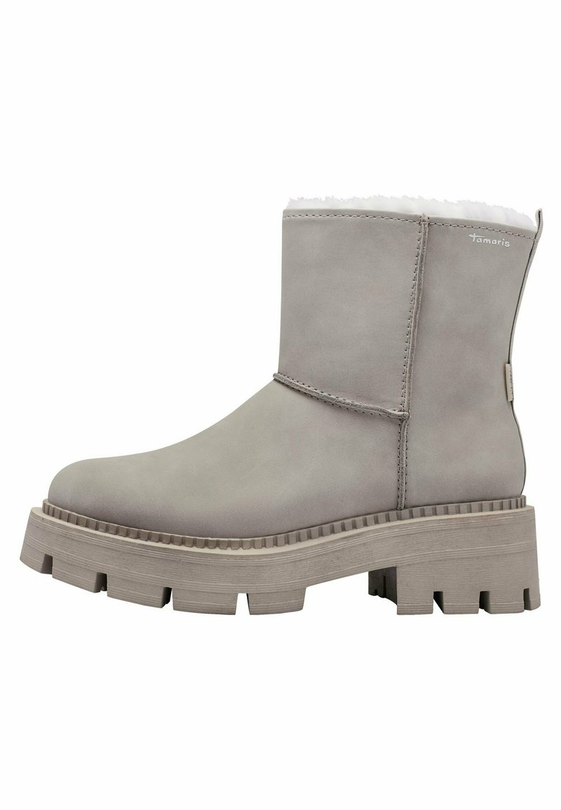 Botas de tobillo grises hechas de material similar a ante, con una suela gruesa y texturizada y un suave forro de pelo en la parte superior. Diseño limpio y minimalista.