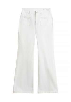 Weiße, hoch taillierte Weitbein-Hosen mit zwei vorderen Taschen, die mit geflochtenem Besatz versehen sind, und einem Knopfverschluss am Bund.