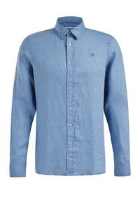 Ljusblå långärmad skjorta med knappar i texturerad tyg, med en standardkrage, framknappar och en liten broderad logotyp.