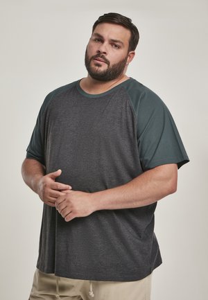 Kurzarm-T-Shirt mit einem dunkelgrauen Körper und türkisfarbenen Akzenten, aus weichem Stoff gefertigt, mit lockerer Passform und gerundetem Halsausschnitt.