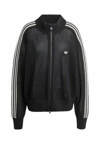 Čierny sieťový sveter na zips s vysokým golierom, ktorý sa vyznačuje bielymi trojprúžkovými akcentami na rukávoch a vyšitým logom na hrudi.