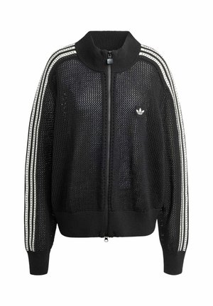 Čierny sieťový sveter na zips s vysokým golierom, ktorý sa vyznačuje bielymi trojprúžkovými akcentami na rukávoch a vyšitým logom na hrudi.