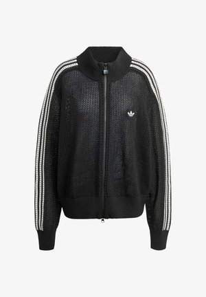 Černý síťovaný svetr na zip s vysokým límcem, zdobený bílými třemi pruhy na rukávech a vyšitým logem na hrudi.