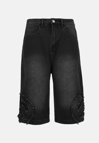Pantalones cortos de mezclilla negra con una cintura alta, detalles deshilachados en el dobladillo y un acabado desgastado en la parte delantera. Diseño clásico de cinco bolsillos.