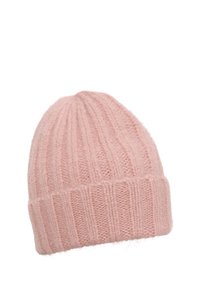 Berretto a coste di un rosa chiaro realizzato in morbido filato, con risvolto e motivo testurizzato per calore e comfort.