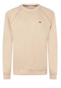 Beige bomuldsweater med raglanærmer, rund hals og lille brunt elefantlogo på brystet. Glat tekstur med ribbede manchetter og kant.