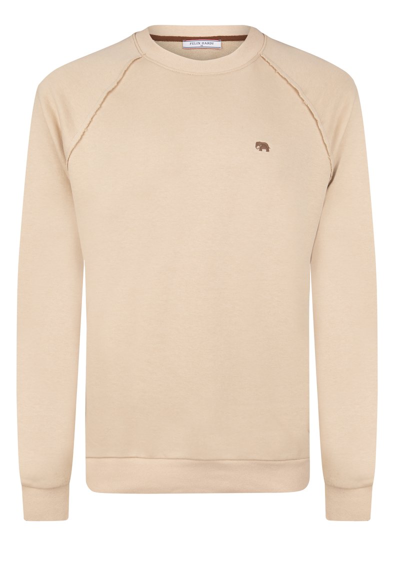 Beige bomuldsweater med raglanærmer, rund hals og lille brunt elefantlogo på brystet. Glat tekstur med ribbede manchetter og kant.