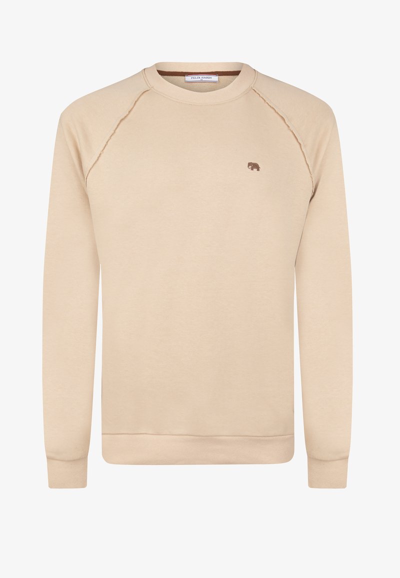 Beige katoenen sweater met raglanmouwen, ronde hals en een klein bruin olifantenlogo op de borst. Glad van textuur met geribbelde manchetten en zoom.