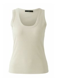 Ribbed, light-colored tank top with a scoop neckline and straight hem. Fabric texture appears soft and comfortable. Minimalistic design.