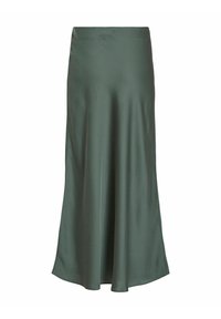 Jupe midi en satin vert foncé avec une légère évasement et une texture lisse, suspendue droite sur fond blanc.