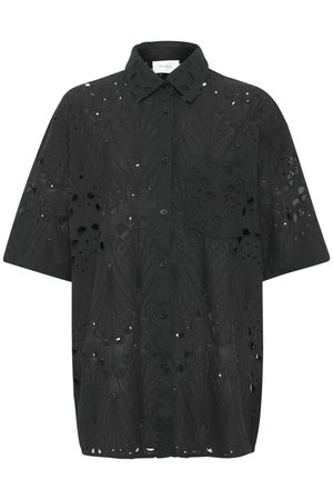Black shirt with a loose fit, featuring embroidered cut-out patterns, a pointed collar, short sleeves, and a single chest pocket.