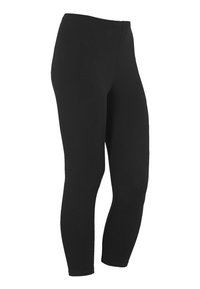 Czarne legginsy wykonane z elastycznego materiału, z dopasowanym krojem, gładką teksturą i bez widocznych szwów lub wzorów.
