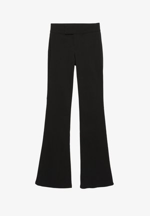 Fekete, bővülő szárú nadrág sima anyagból, közepes derékmagassággal és oldalzsebekkel, tiszta, szabott sziluettel.