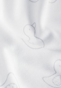 Cotton fabric in white with a soft texture, featuring light gray outlines of duck silhouettes throughout.