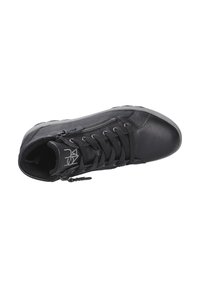 Schwarzer High-Top-Sneaker aus strukturiertem Leder mit Schnürdesign, seitlichem Reißverschluss und Gummisohle. Verfügt über eine verstärkte Zehenpartie und eine schmale Silhouette.