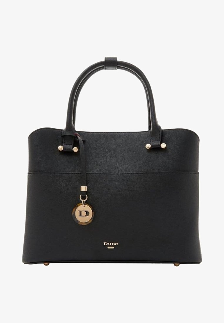 Black structured handbag with textured synthetic material, short handles, gold-tone hardware, and a decorative charm featuring a logo.